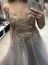 A Line Gray V Neck Tulle Appliques Prom Dress LBQ4088